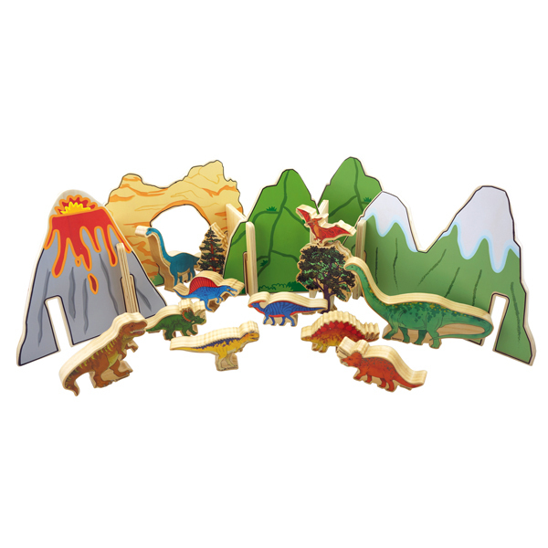 Dinowelt Dinosaurier aus Holz mit Vulkan, Berge